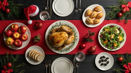 Overhead shot of christmas dinner table setting with roasted chicken and salad