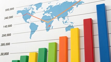 A vibrant graph displays global data trends with colorful bars, emphasizing growth and analytics across different regions.