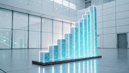 A futuristic bar graph with glowing elements displayed in a modern, spacious interior, symbolizing growth and data visualization.