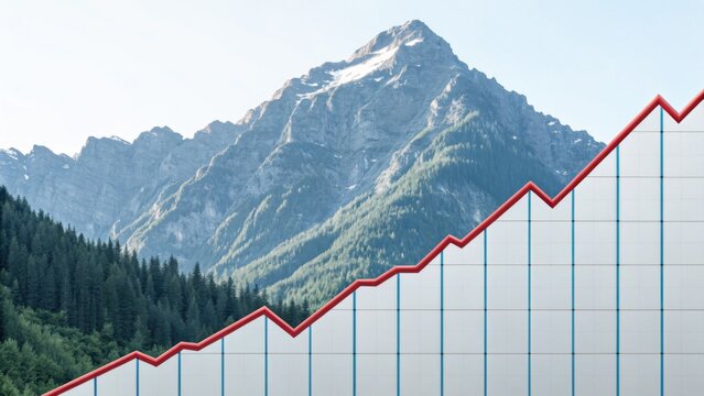 A mountain landscape with a rising graph overlay, symbolizing growth and progress in a natural setting.