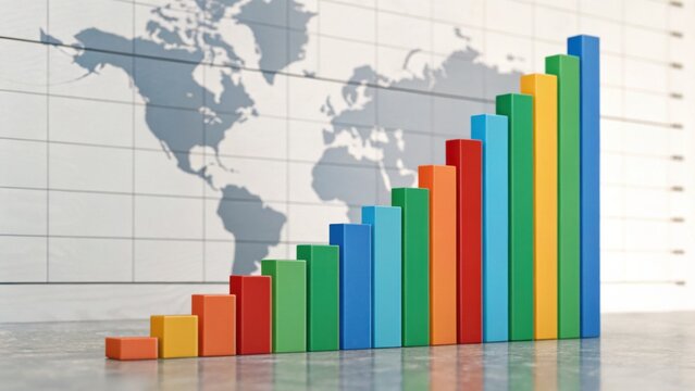 A colorful bar graph shows growth trends against a world map backdrop, symbolizing data analysis and business performance.