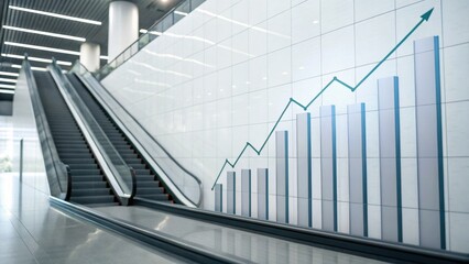A modern escalator with a graph depicting growth and progress on the wall, illustrating a theme of upward movement and success.