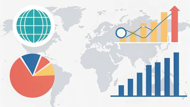 A stylized world map featuring graphs, pie charts, and a globe, representing data analysis and global trends. - Powered by Adobe