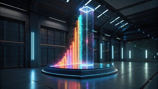 A futuristic, illuminated prism displays colorful data streams in a sleek, modern environment, blending technology with artistic design.
