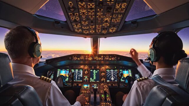 Pilots in Cockpit at Sunset - Two pilots navigate an aircraft cockpit as the sun sets, illuminating the control panels and casting a warm glow through the cockpit windows.