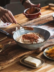 A person adds cocoa powder to a bowl of cream and nuts on a wooden table. Other ingredients surround the bowl, indicating a baking or cooking process is underway