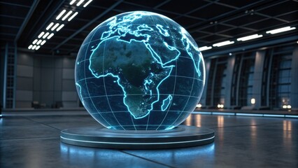 A futuristic, illuminated globe displaying a digital map of Africa in a sleek, modern environment.