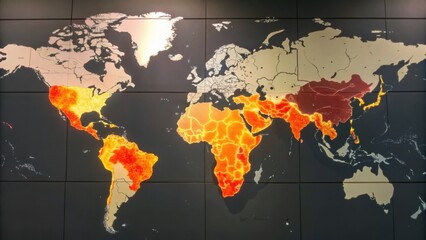 A colorful world map highlighting regions with varying temperatures, displayed in orange and red tones against a dark background.