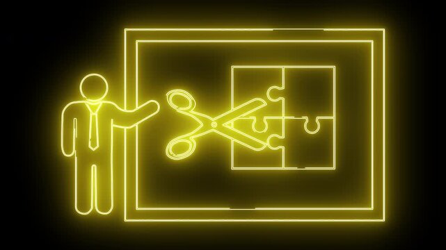 Yellow neon design shows a business figure scissors cutting puzzle pieces within a square