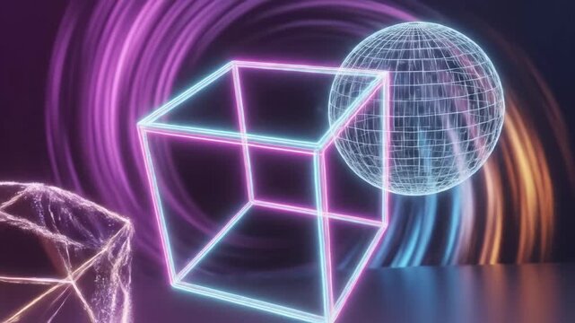 Abstract Neon Geometric Shapes - A vibrant abstract video featuring a neon cube intersecting with a wireframe sphere, all against a backdrop of swirling purple and orange light.