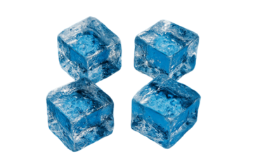 Melting ice cubes and water droplets on blue background, creating a fresh and vibrant feel.