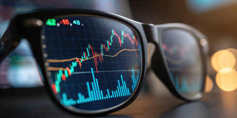 Focused financial business trading with stock market chart reflection on glasses. serious look at an investment graph for successful 2026 growth and future economy