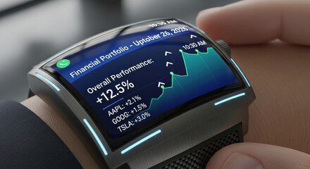 Optimistic business person checking growing financial portfolio on futuristic smartwatch in 2026. successful investment shows market growth and future technology