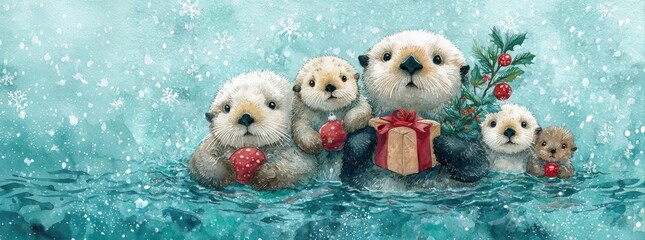 adorable sea otter family with gift box, Christmas tree ornaments and festive branch, floating in turquoise winter water, softly falling snow. holiday scene, watercolor illustration. greeting card.
