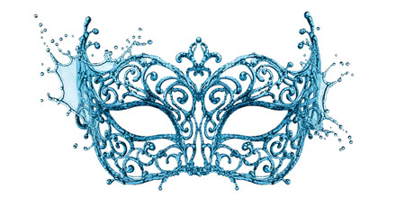 An ornate venetian mask crafted from shimmering blue liquid, suspended against a clean white backdrop, isolated on transparent background the masks delicate swirls and curves are beautifully detailed