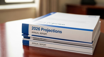 Close up of 2026 projections annual report for business growth. stack of paper showing corporate financial forecast for hopeful future and economic outlook
