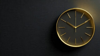 A stylish wall clock with a gold frame and black face, displaying a minimalist design against a dark background.