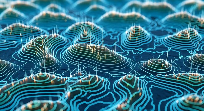 Abstract topographic map with glowing lines and data points, representing digital terrain and technology, creating a futuristic and modern feel