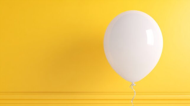 White balloon is floating in front of a yellow wall. The balloon is the main focus of the image, and it creates a sense of lightness and joy. The yellow wall serves as a contrasting background
