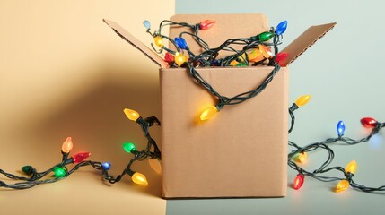 Box full of Christmas lights is open. The lights are colorful and are tangled around the box