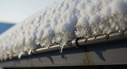 Snow-covered gutter with melting icicles in winter sunlight  