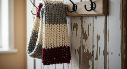 Hand-knit wool scarf hanging on wooden hooks by rustic wall  