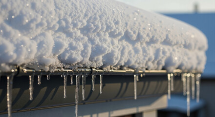 Snow-covered gutter with icicles hanging in winter sunlight  