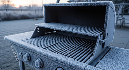 Frost-covered outdoor grill in winter morning light  