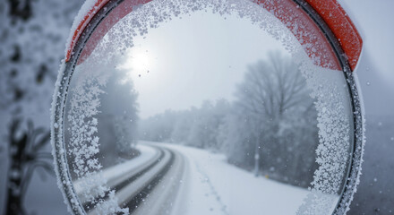 Frost on traffic mirror reflecting snowy road in winter landscape  