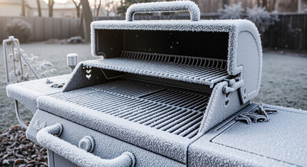 Frost-covered outdoor grill in winter morning sunlight  