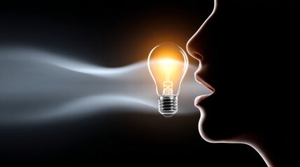 Person's face is lit up by a light bulb. The light bulb is surrounded by smoke, giving the impression of a glowing, ethereal aura. Concept of mystery and wonder