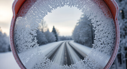 Frosty traffic mirror reflecting snow-covered road in winter  