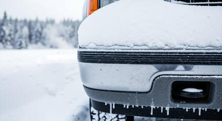Snow-covered truck bumper with icicles in winter landscape  