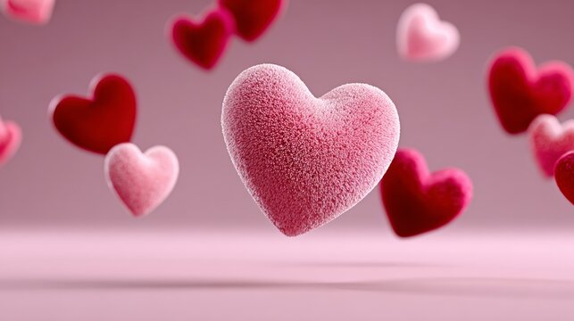 Bunch of hearts are flying in the air, with one of them being a large pink heart. Concept of love and affection, as the hearts are floating in the air