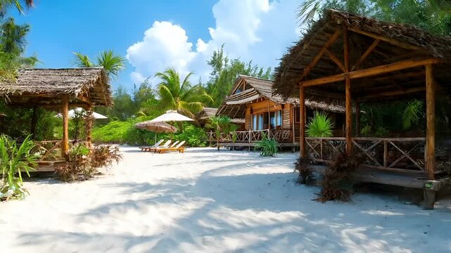 Aerial view of a beachfront resort with wooden cabins and tropical vegetation. The main subject is a wooden house with a thatched roof, surrounded by lush greenery and palm trees.
