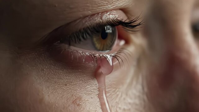 A close-up view reveals a single tear rolling down a person's cheek from an emotional eye.