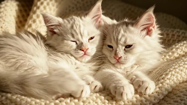 Two White Kittens Cuddling on Blanket - Two adorable white kittens with amber eyes are snuggling together on a soft, cream-colored knitted blanket.