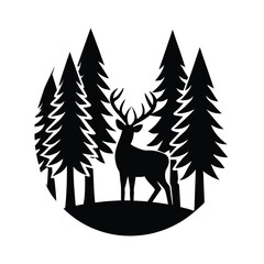 Silhouette of Forest with Deer on White Background