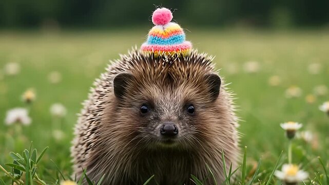 Adorable Hedgehog Celebrating Birthday with Colorful Party Hat in Green Field Backdrop