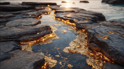 Obraz premium Beautiful rocky shoreline at sunset with golden reflections on wet stones and calm water, showcasing natural coastal landscape and serene nature scenery