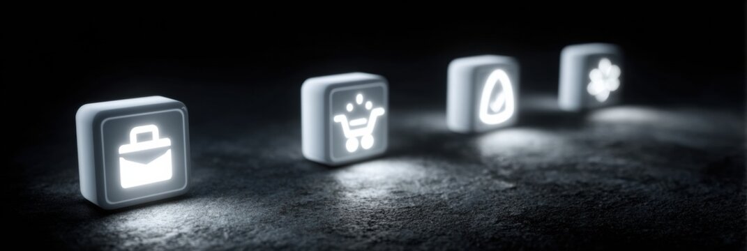 Symbols light up on a dark surface, showcasing concepts of shopping, work, water, and creativity in a sleek, modern design.