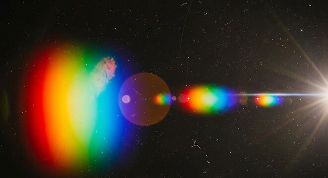 Bright starburst light flare exhibits vibrant spectral dispersion against a dark backdrop