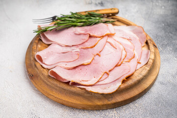 Prosciutto Cotto, Sliced Pork Ham on wooden board. white background. top view