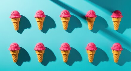 Pattern of pink ice cream cones on blue background