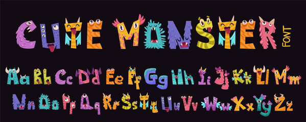 Little cute monster alphabet for baby design with funny cartoon letters for children. Kawaii font with numbers for invitation, greeting card, kindergarten banner. Vector hand drawn illustration © Foxelle