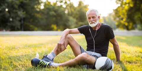 Senior man resting exercising with headphones in park