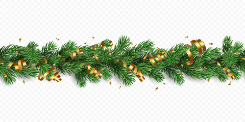 Holiday Christmas tree seamless garland with golden confetti and ribbons isolated on a transparent background. Vector realistic pine tree branches border for winter decoration banner, poster, greeting
