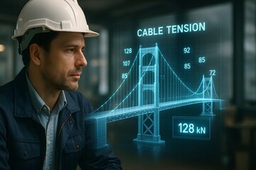 A construction worker analyzing the structural integrity of a bridge with holographic technology for the concept of engineering and infrastructure.