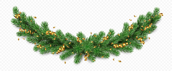 Vector realistic pine tree branches with golden confetti and ribbons isolated on a transparent background. Holiday Christmas tree garland for winter decoration banner, poster, greeting card.