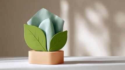 Small green leaf is on top of a wooden base. The leaf is surrounded by a piece of cloth, which is folded in a way that it looks like a flower. Concept of nature and simplicity